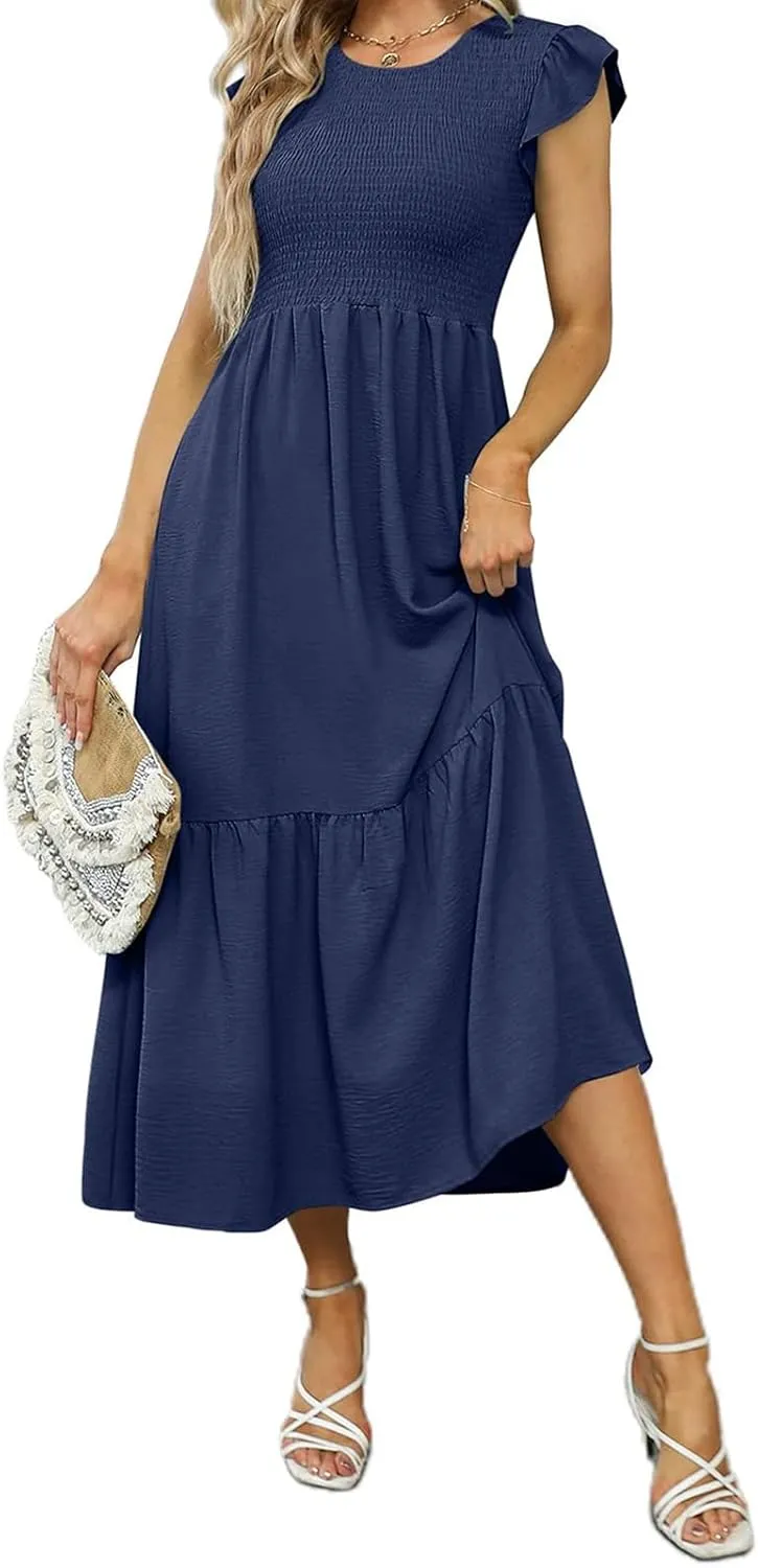 Womens Flutter Short Sleeve Smocked Midi Dress Casual Tiered Modest Floral Boho Maxi Dress Boho Sundress