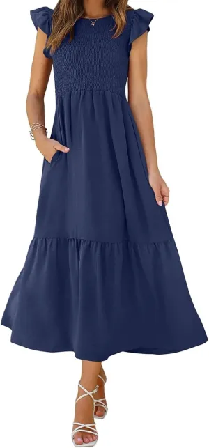 Womens Flutter Short Sleeve Smocked Midi Dress Casual Tiered Modest Floral Boho Maxi Dress Boho Sundress