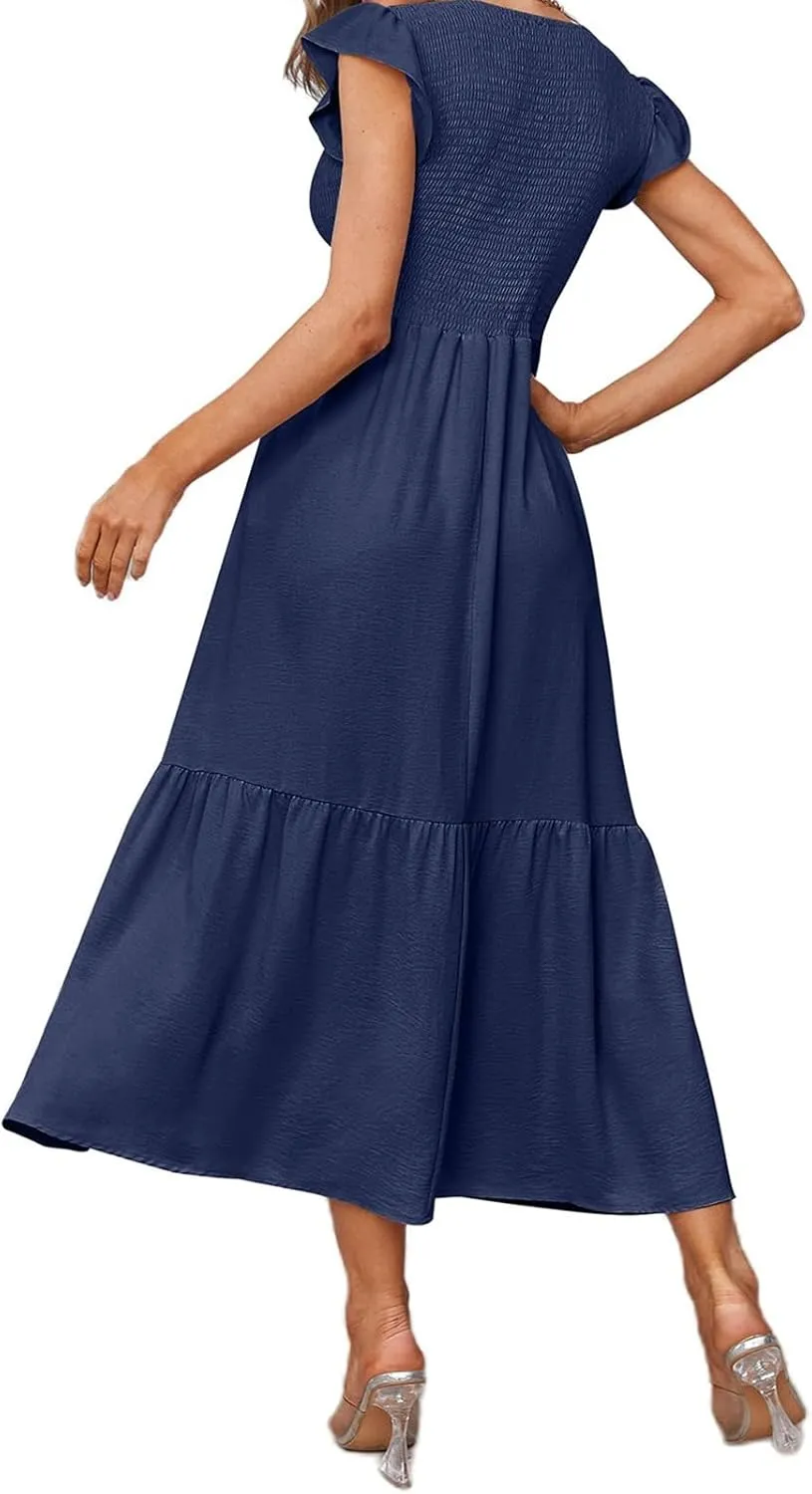 Womens Flutter Short Sleeve Smocked Midi Dress Casual Tiered Modest Floral Boho Maxi Dress Boho Sundress