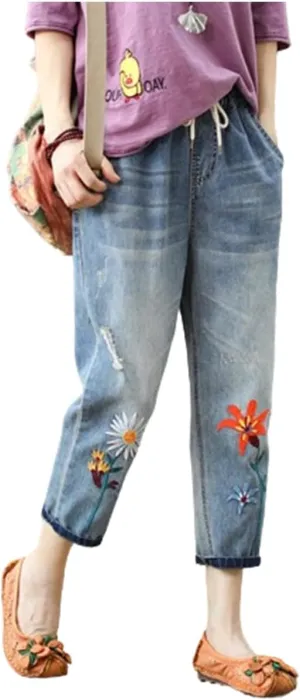 Womens Harem Capri Jeans Flowers Embroidery Vintage Ripped Holes Lace-Up Elastic High Waist Summer Casual Trousers