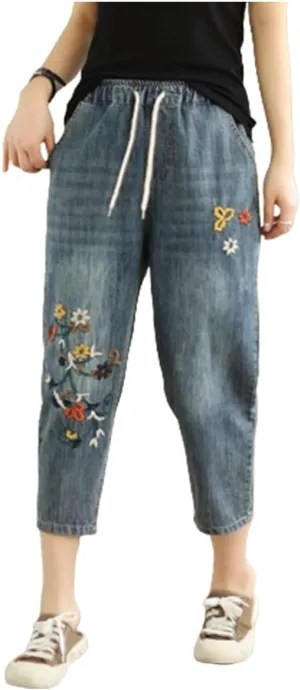 Womens Harem Capri Jeans Flowers Embroidery Vintage Ripped Holes Lace-Up Elastic High Waist Summer Casual Trousers