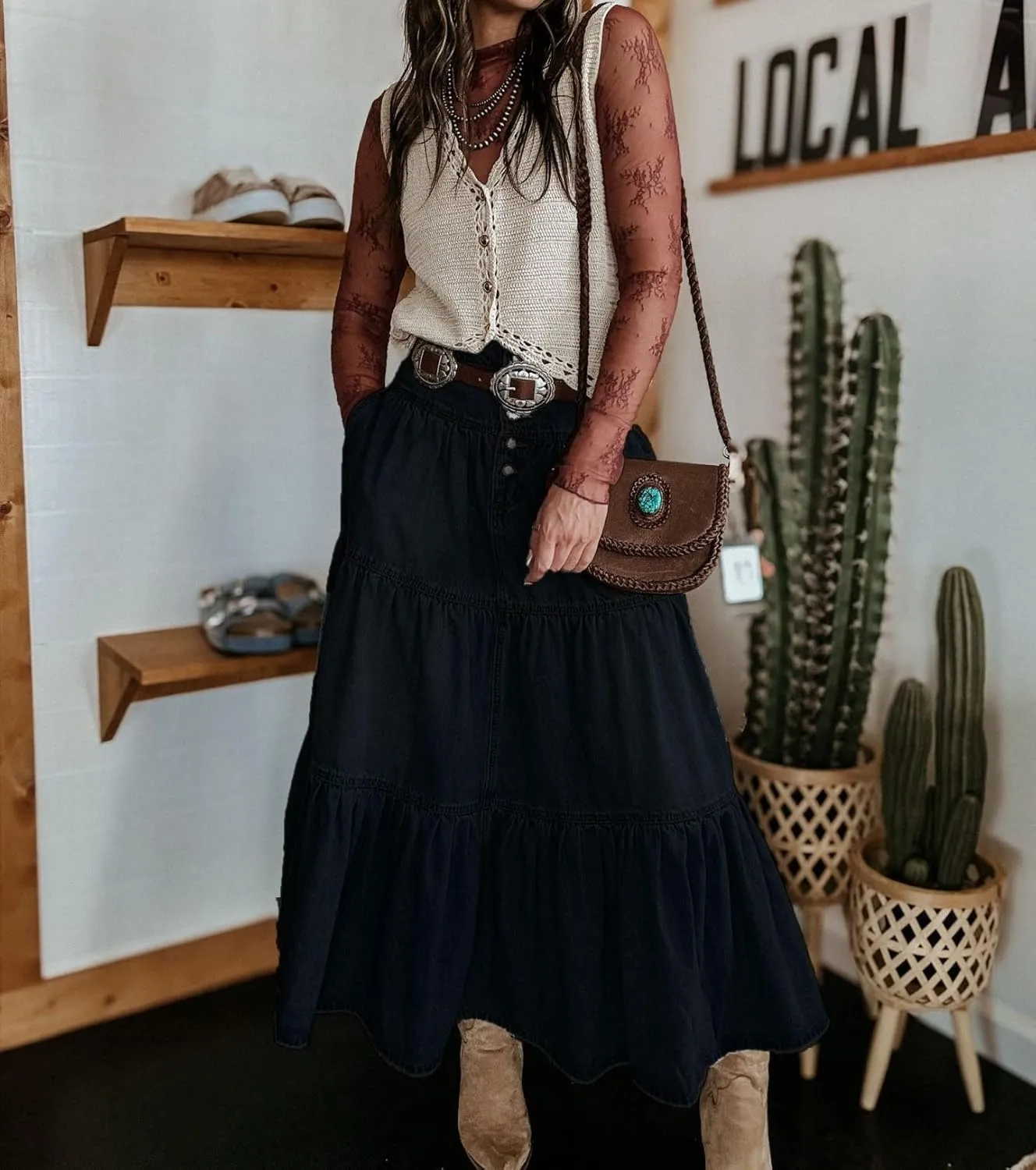 Women's High Waist Denim Skirt Button Down Boho Pleated Tiered Ruffle Jean Skirt Casual Flowy A Line Maxi Skirt