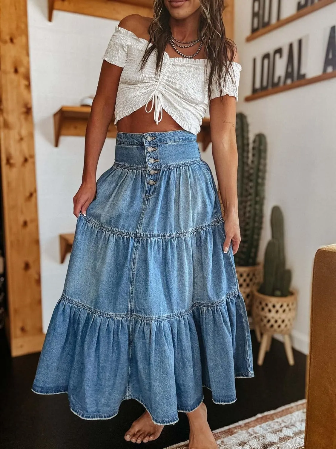 Women's High Waist Denim Skirt Button Down Boho Pleated Tiered Ruffle Jean Skirt Casual Flowy A Line Maxi Skirt