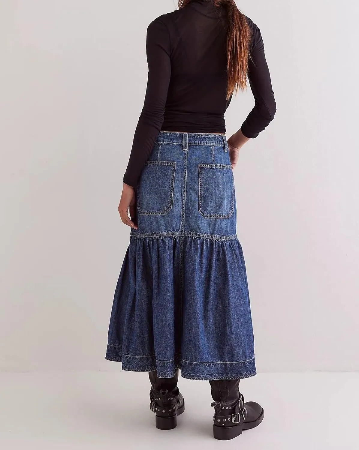 Women's High Waist Denim Skirt Button Down Boho Pleated Tiered Ruffle Jean Skirt Casual Flowy A Line Maxi Skirt