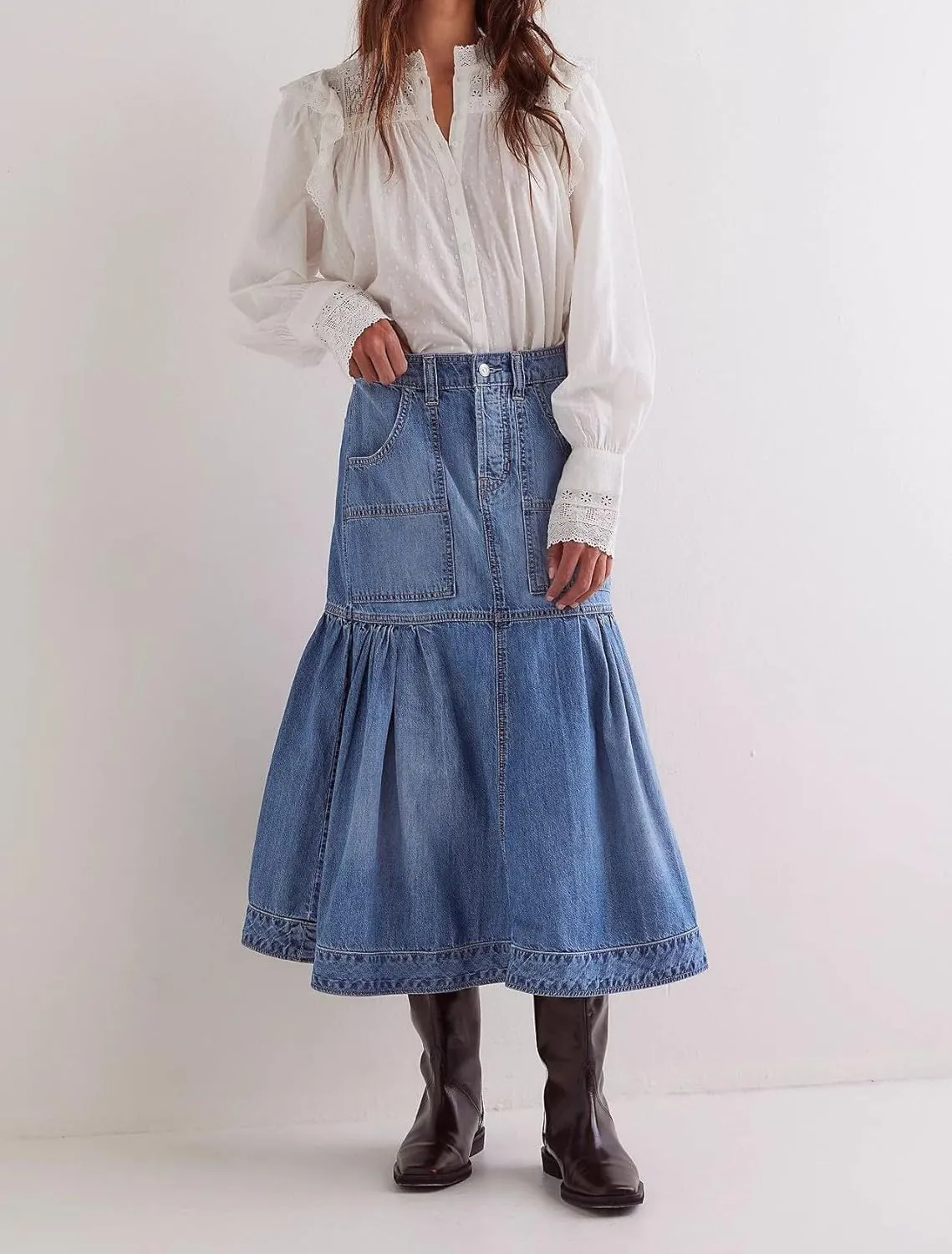 Women's High Waist Denim Skirt Button Down Boho Pleated Tiered Ruffle Jean Skirt Casual Flowy A Line Maxi Skirt