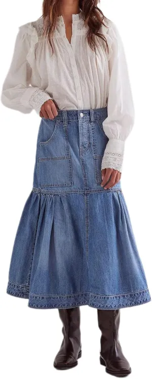 Women's High Waist Denim Skirt Button Down Boho Pleated Tiered Ruffle Jean Skirt Casual Flowy A Line Maxi Skirt