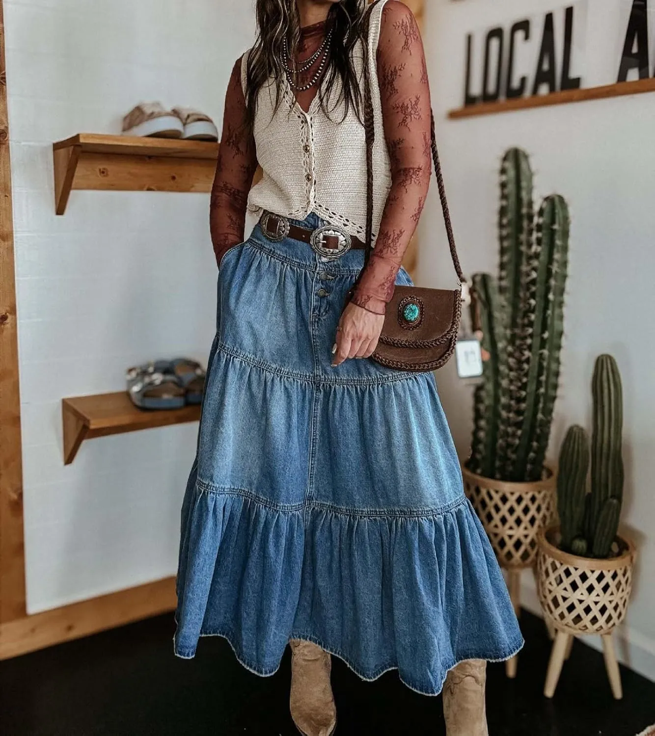 Women's High Waist Denim Skirt Button Down Boho Pleated Tiered Ruffle Jean Skirt Casual Flowy A Line Maxi Skirt