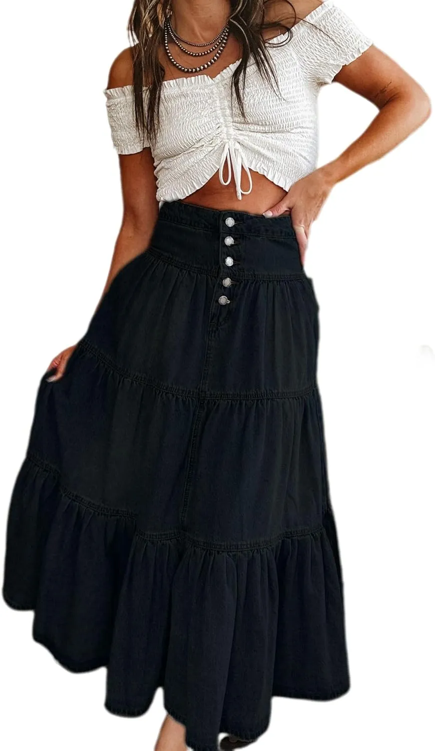 Women's High Waist Denim Skirt Button Down Boho Pleated Tiered Ruffle Jean Skirt Casual Flowy A Line Maxi Skirt