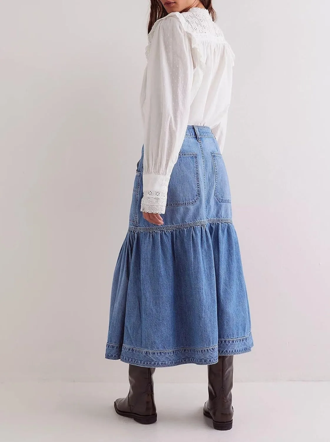 Women's High Waist Denim Skirt Button Down Boho Pleated Tiered Ruffle Jean Skirt Casual Flowy A Line Maxi Skirt