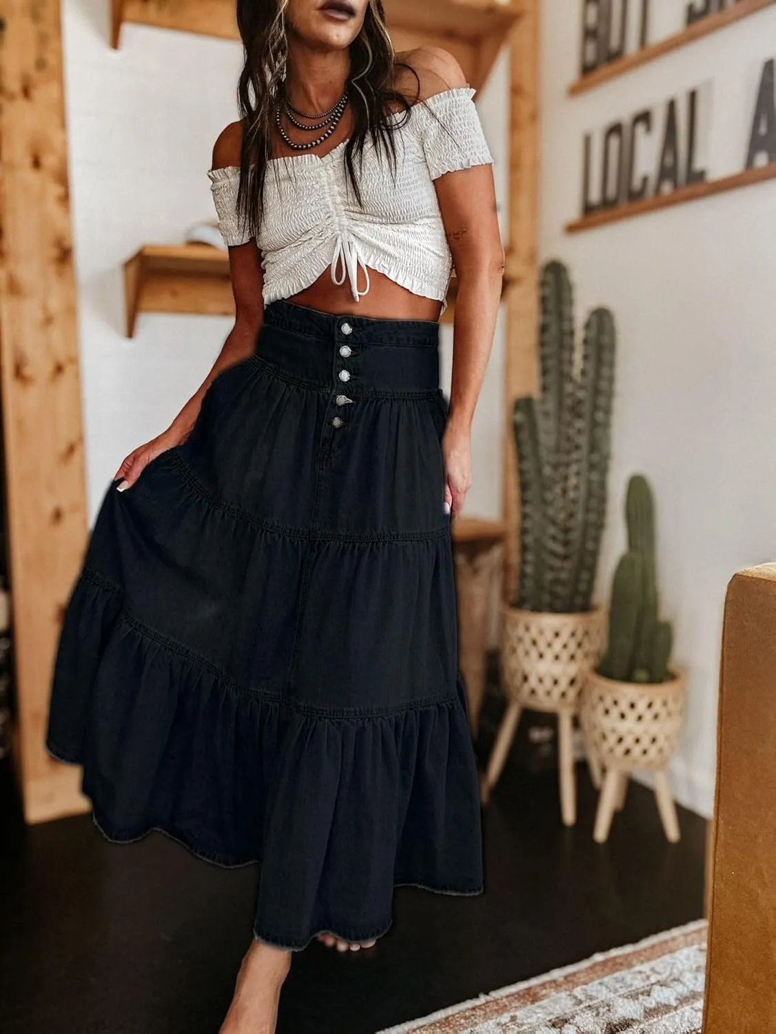 Women's High Waist Denim Skirt Button Down Boho Pleated Tiered Ruffle Jean Skirt Casual Flowy A Line Maxi Skirt