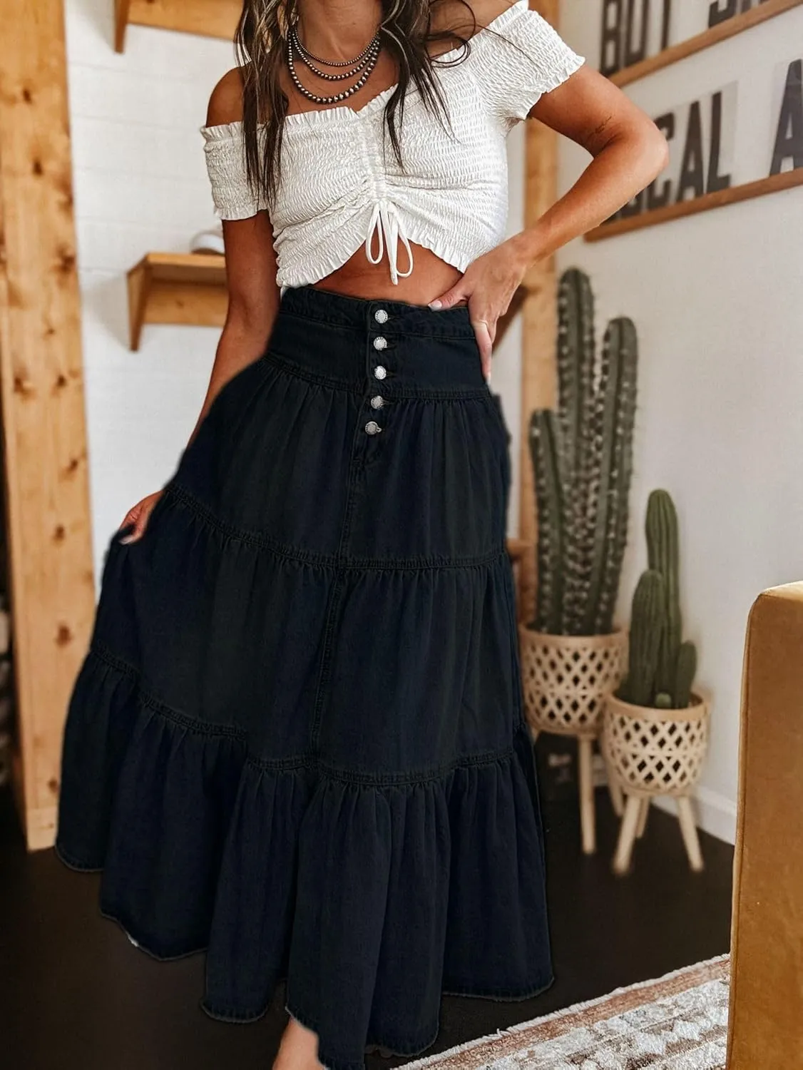 Women's High Waist Denim Skirt Button Down Boho Pleated Tiered Ruffle Jean Skirt Casual Flowy A Line Maxi Skirt