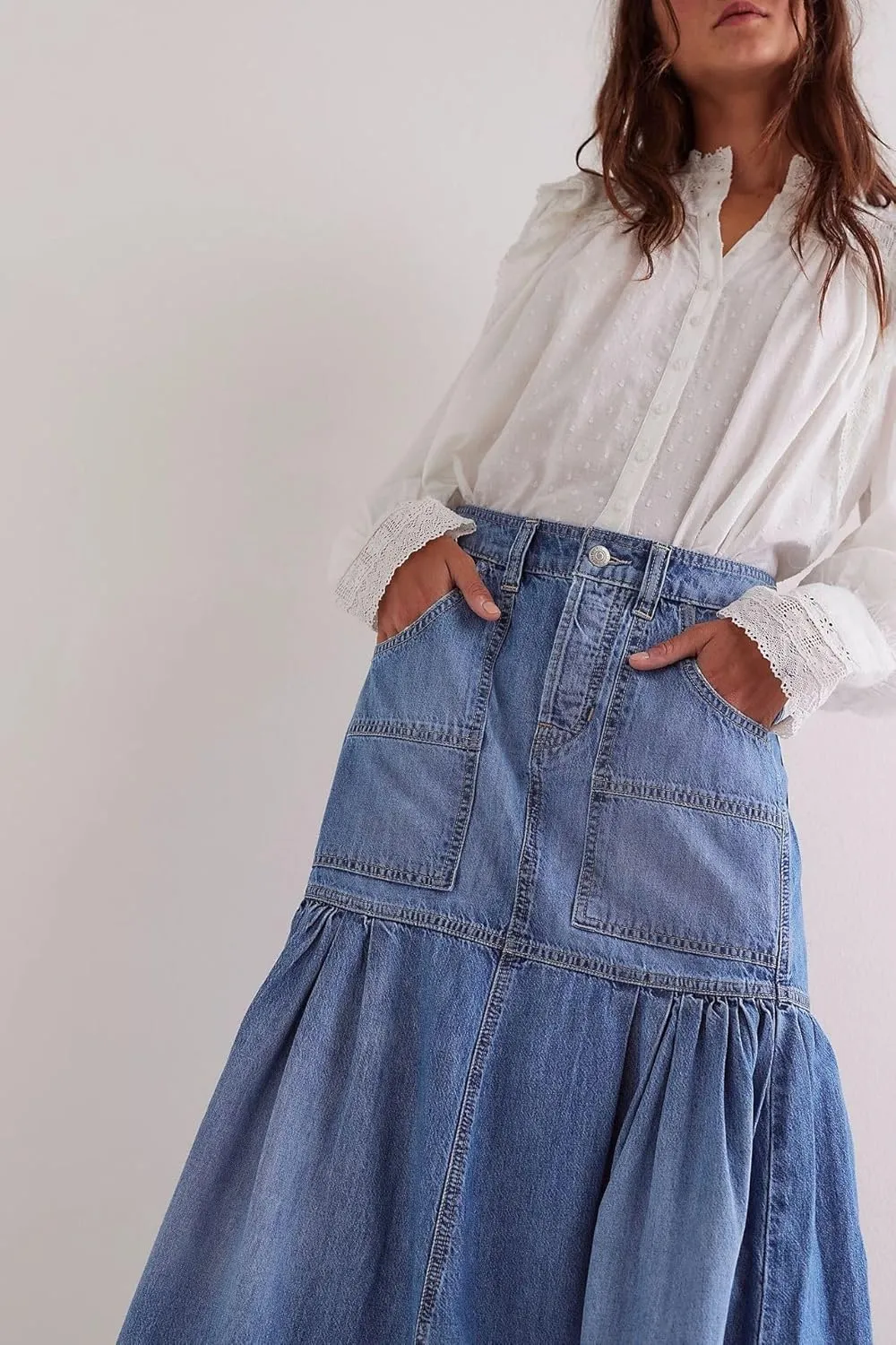 Women's High Waist Denim Skirt Button Down Boho Pleated Tiered Ruffle Jean Skirt Casual Flowy A Line Maxi Skirt
