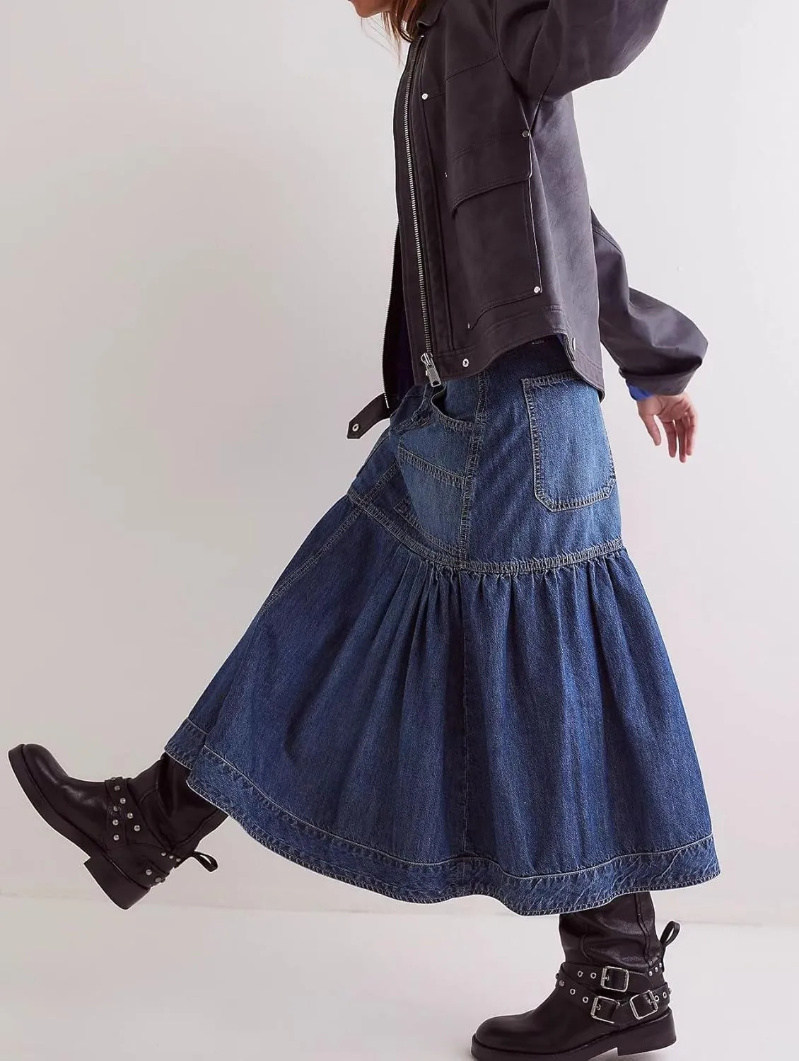 Women's High Waist Denim Skirt Button Down Boho Pleated Tiered Ruffle Jean Skirt Casual Flowy A Line Maxi Skirt
