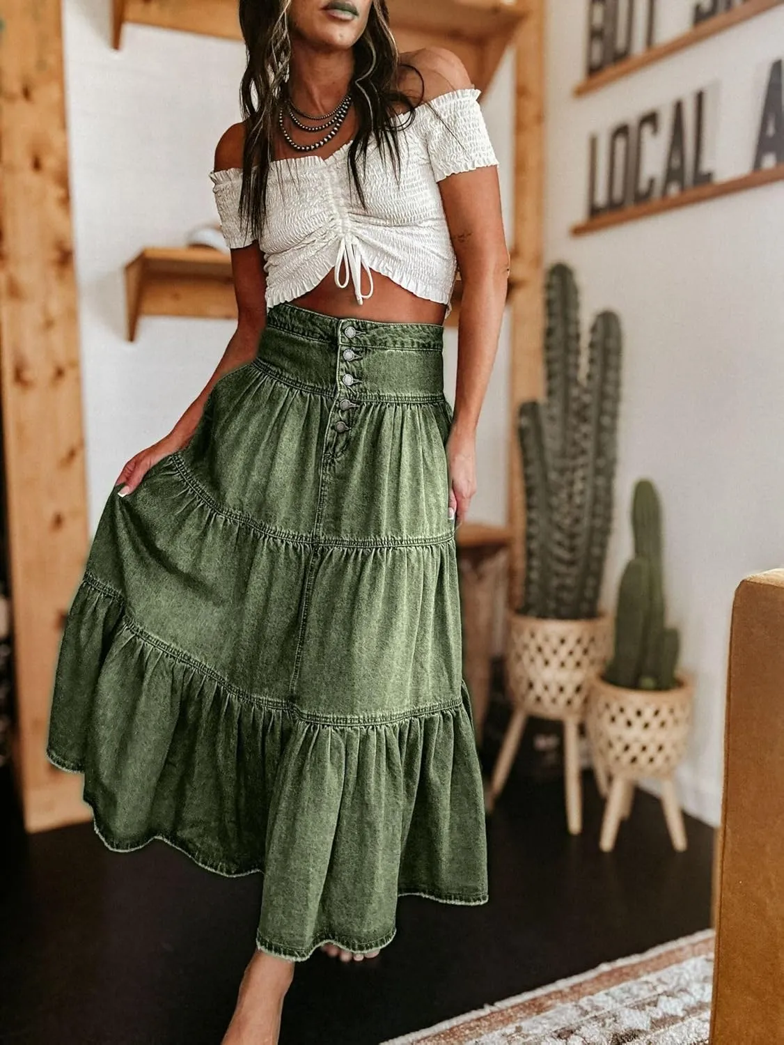 Women's High Waist Denim Skirt Button Down Boho Pleated Tiered Ruffle Jean Skirt Casual Flowy A Line Maxi Skirt