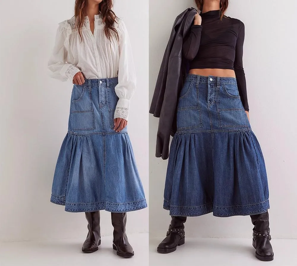 Women's High Waist Denim Skirt Button Down Boho Pleated Tiered Ruffle Jean Skirt Casual Flowy A Line Maxi Skirt