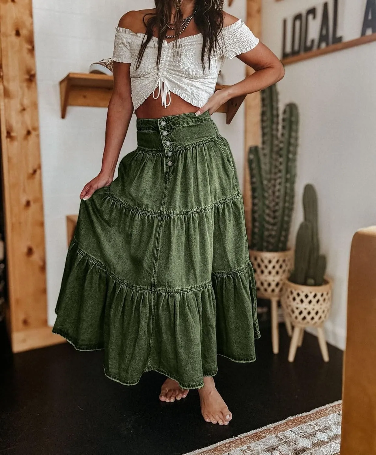 Women's High Waist Denim Skirt Button Down Boho Pleated Tiered Ruffle Jean Skirt Casual Flowy A Line Maxi Skirt