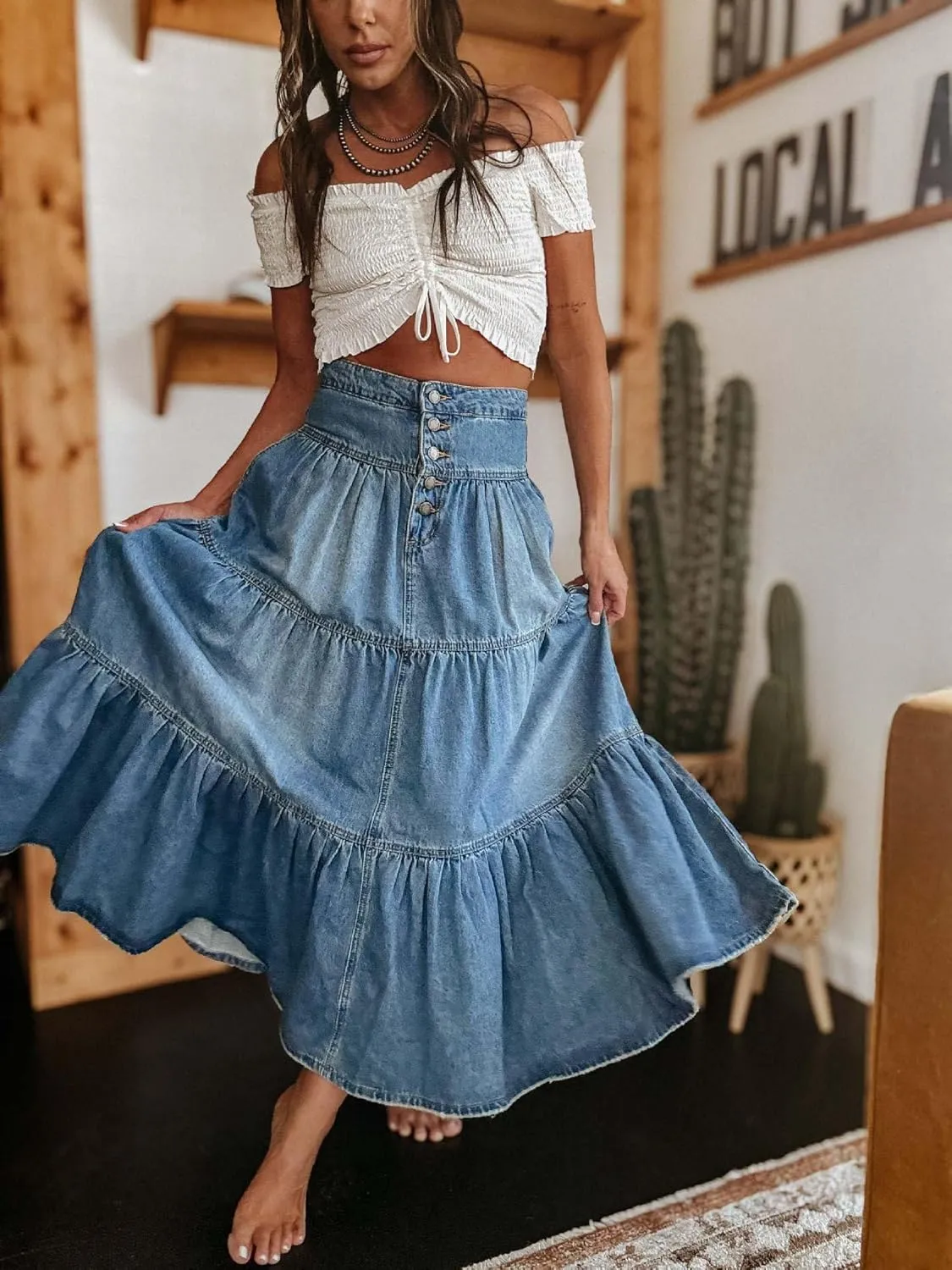 Women's High Waist Denim Skirt Button Down Boho Pleated Tiered Ruffle Jean Skirt Casual Flowy A Line Maxi Skirt