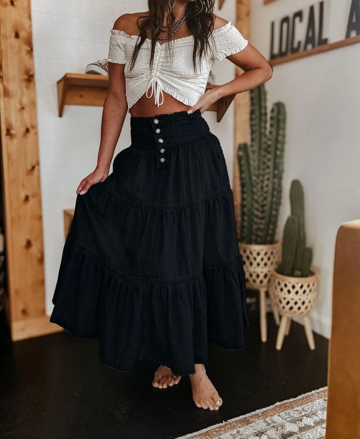 Women's High Waist Denim Skirt Button Down Boho Pleated Tiered Ruffle Jean Skirt Casual Flowy A Line Maxi Skirt