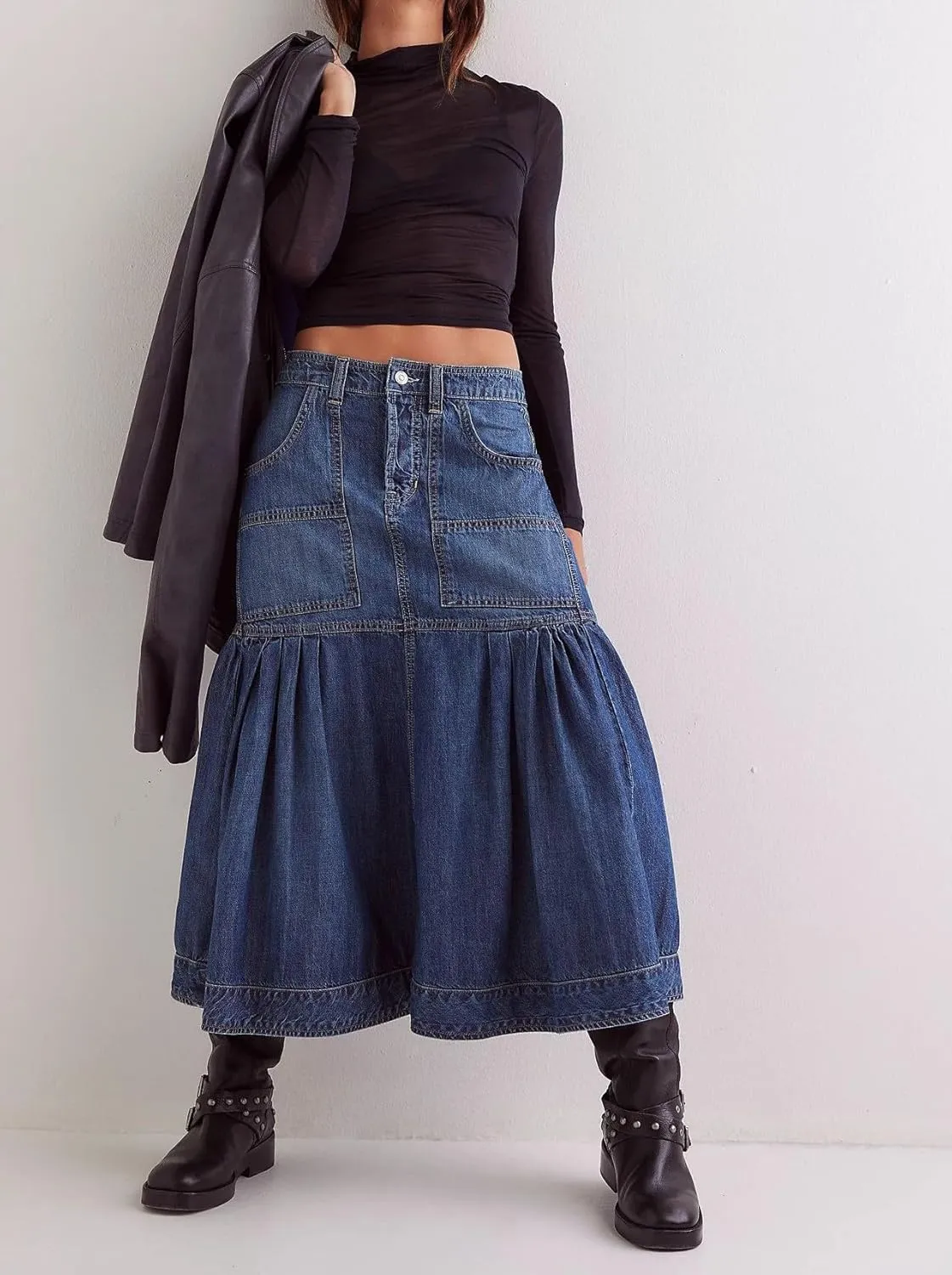 Women's High Waist Denim Skirt Button Down Boho Pleated Tiered Ruffle Jean Skirt Casual Flowy A Line Maxi Skirt