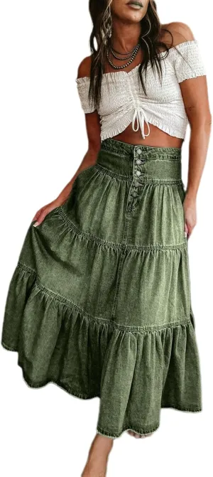Women's High Waist Denim Skirt Button Down Boho Pleated Tiered Ruffle Jean Skirt Casual Flowy A Line Maxi Skirt
