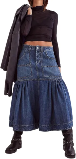 Women's High Waist Denim Skirt Button Down Boho Pleated Tiered Ruffle Jean Skirt Casual Flowy A Line Maxi Skirt