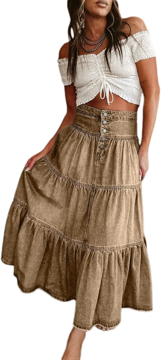 Women's High Waist Denim Skirt Button Down Boho Pleated Tiered Ruffle Jean Skirt Casual Flowy A Line Maxi Skirt