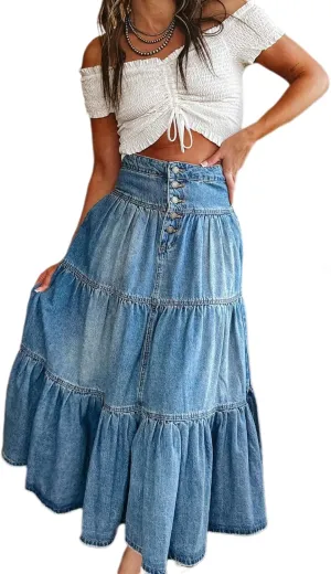 Women's High Waist Denim Skirt Button Down Boho Pleated Tiered Ruffle Jean Skirt Casual Flowy A Line Maxi Skirt