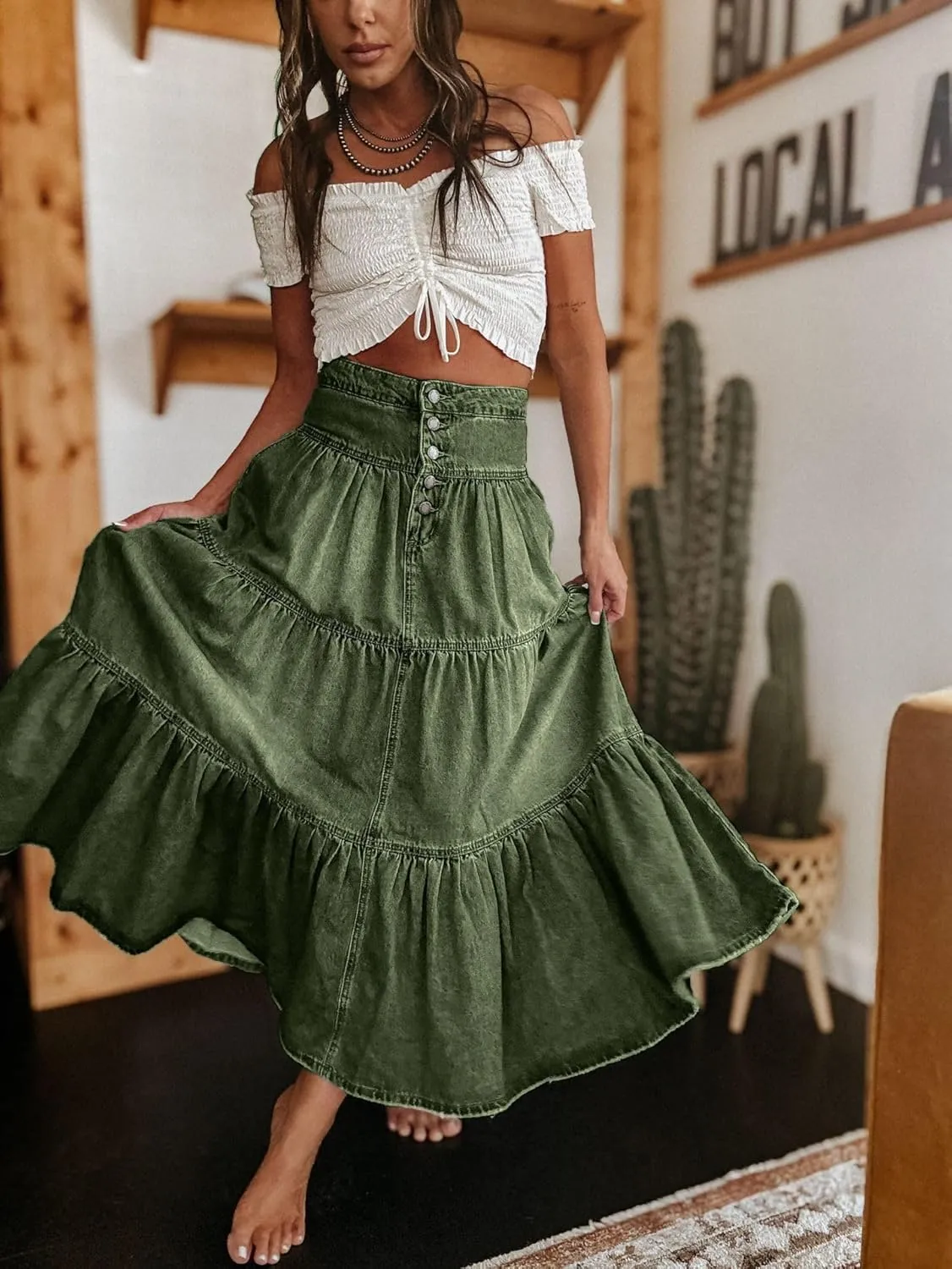 Women's High Waist Denim Skirt Button Down Boho Pleated Tiered Ruffle Jean Skirt Casual Flowy A Line Maxi Skirt