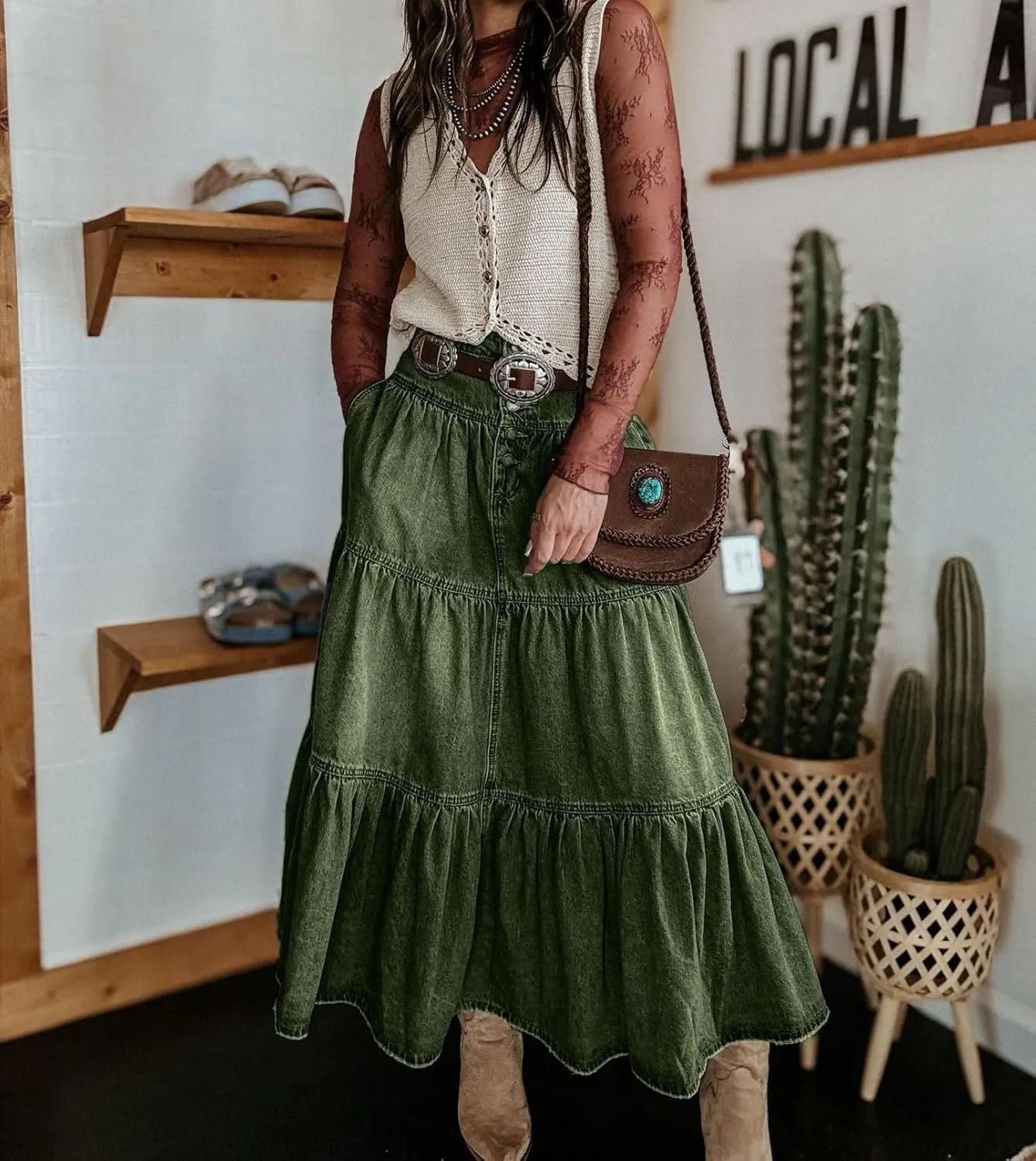 Women's High Waist Denim Skirt Button Down Boho Pleated Tiered Ruffle Jean Skirt Casual Flowy A Line Maxi Skirt