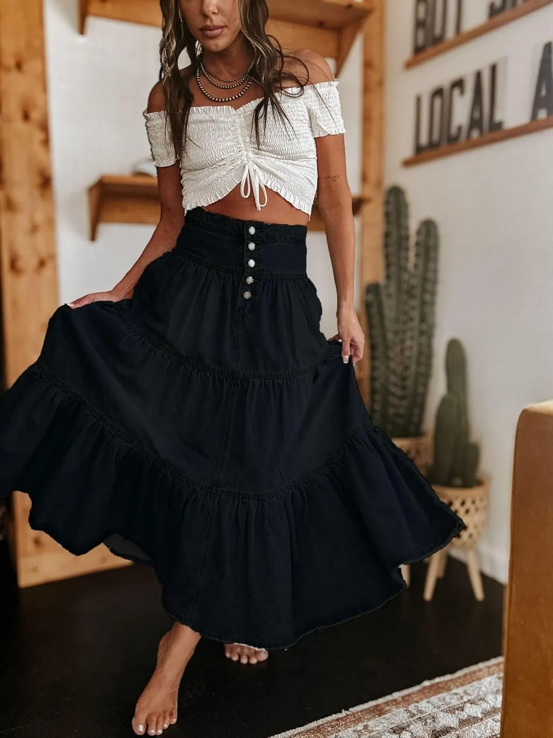 Women's High Waist Denim Skirt Button Down Boho Pleated Tiered Ruffle Jean Skirt Casual Flowy A Line Maxi Skirt