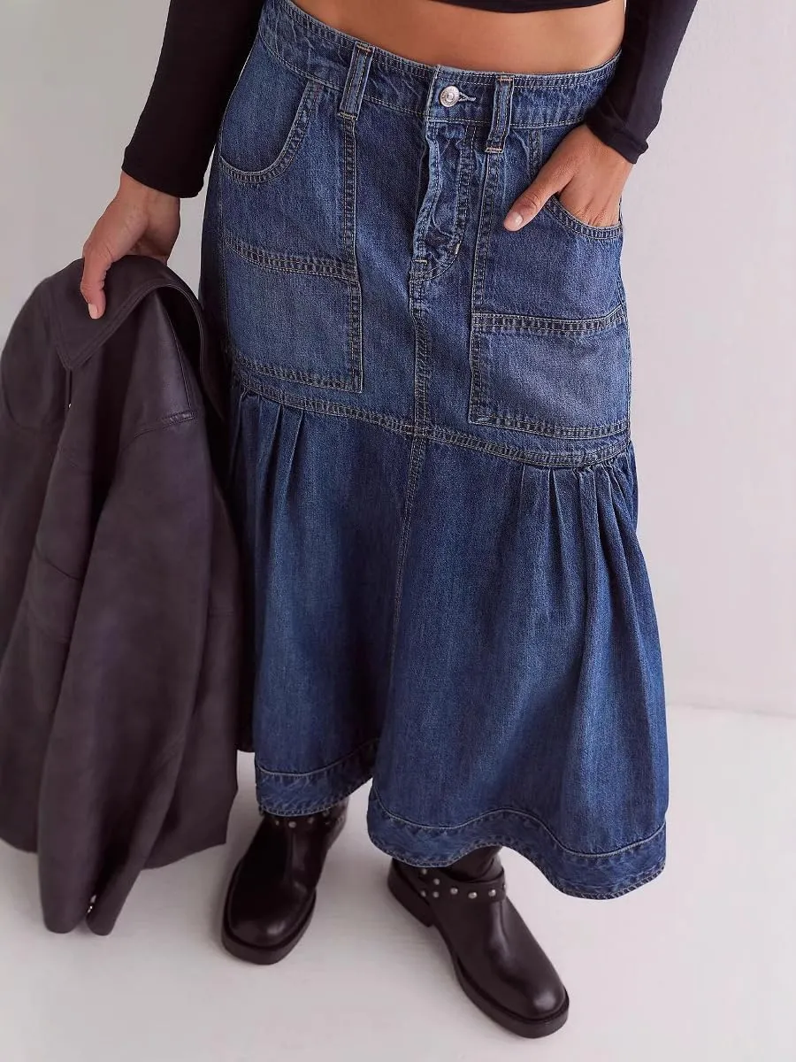 Women's High Waist Denim Skirt Button Down Boho Pleated Tiered Ruffle Jean Skirt Casual Flowy A Line Maxi Skirt