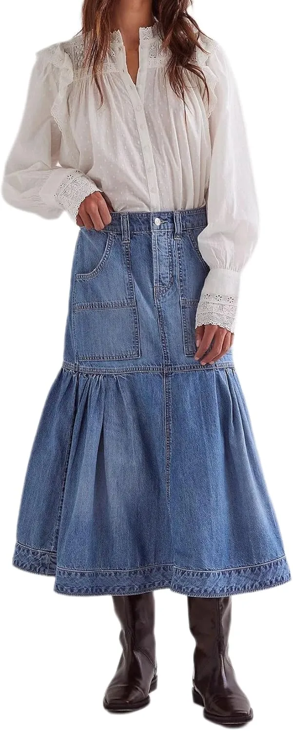 Women's High Waist Denim Skirt Button Down Boho Pleated Tiered Ruffle Jean Skirt Casual Flowy A Line Maxi Skirt