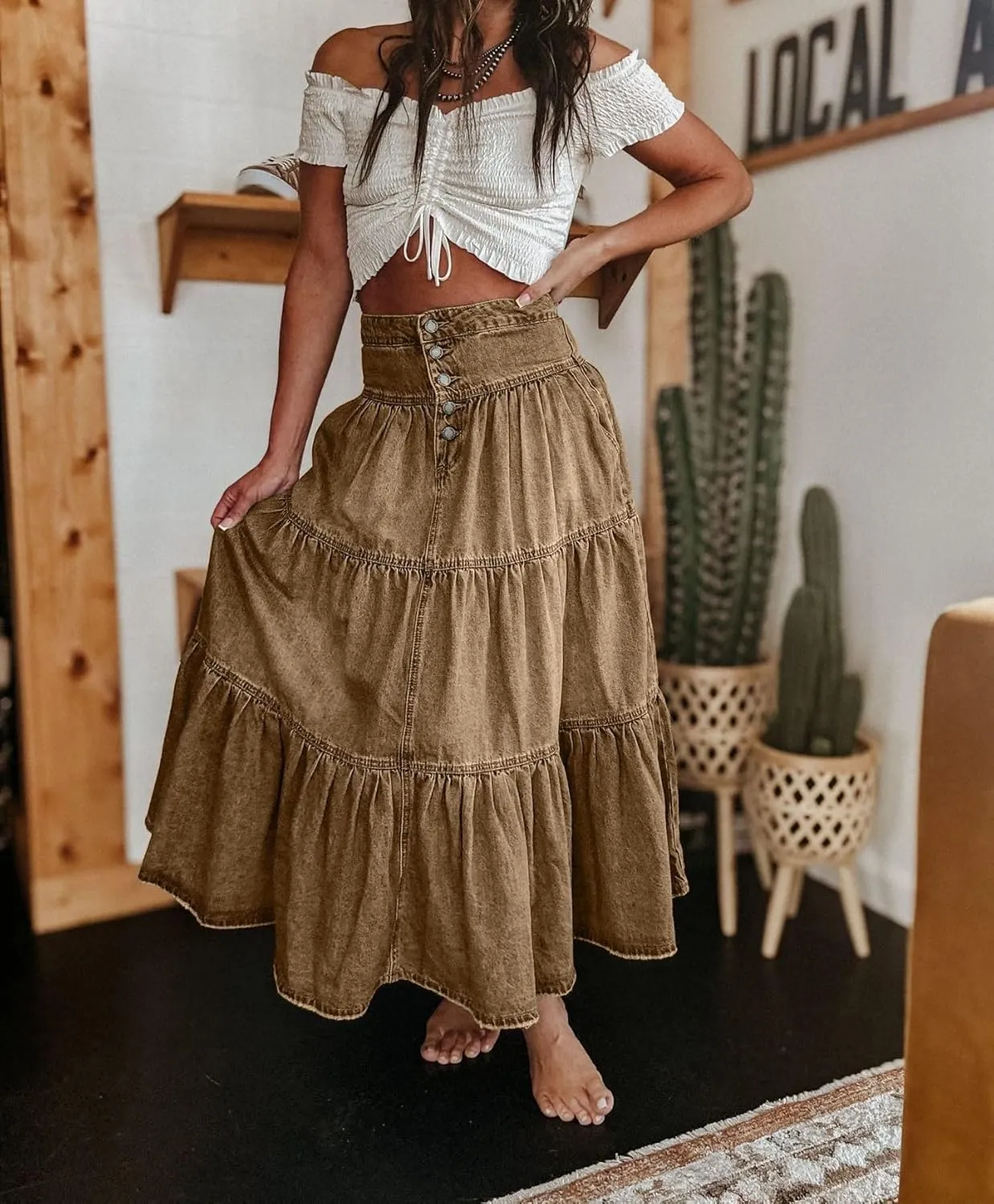 Women's High Waist Denim Skirt Button Down Boho Pleated Tiered Ruffle Jean Skirt Casual Flowy A Line Maxi Skirt