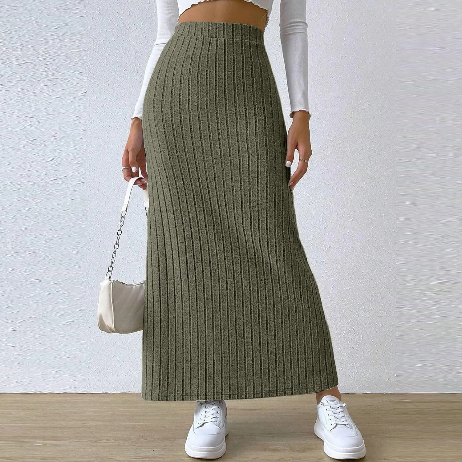 Women's High Waist Stretchy Rib Knit Split Slit Hem Midi Pencil Skirt Pleated Skirt with Stripe