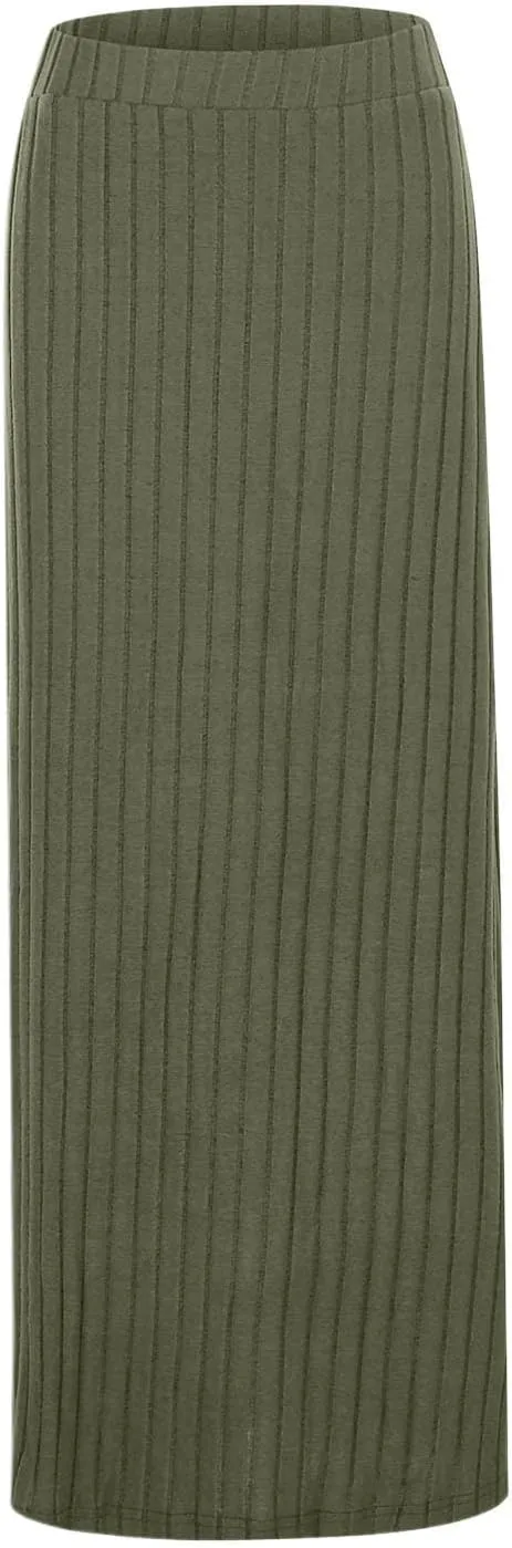 Women's High Waist Stretchy Rib Knit Split Slit Hem Midi Pencil Skirt Pleated Skirt with Stripe