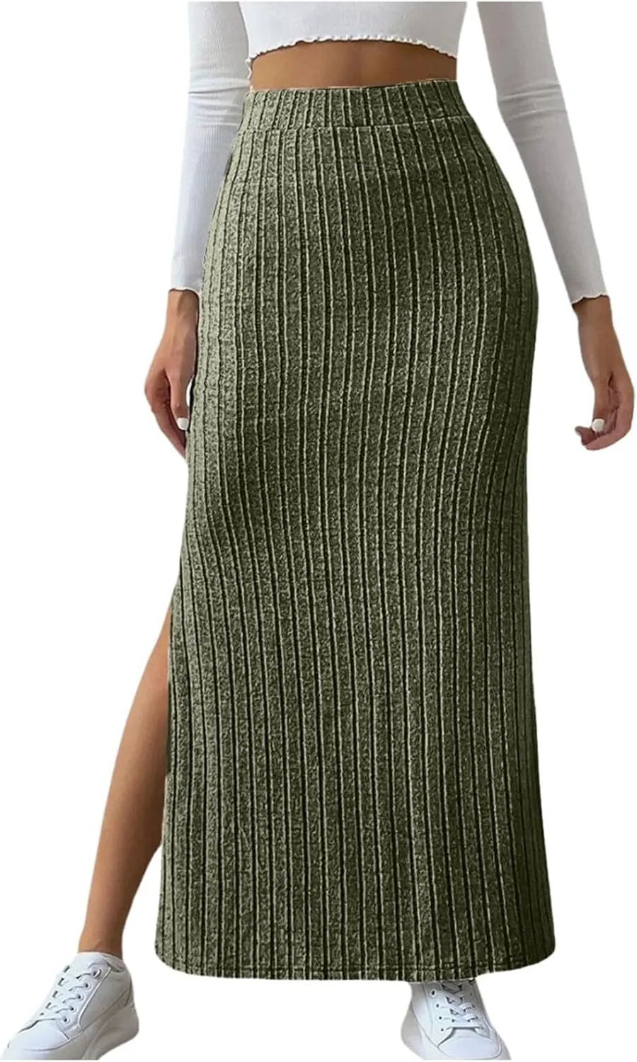 Women's High Waist Stretchy Rib Knit Split Slit Hem Midi Pencil Skirt Pleated Skirt with Stripe
