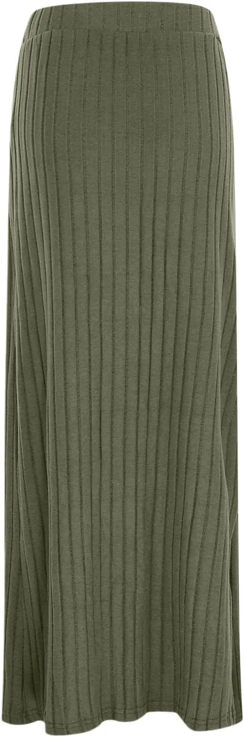 Women's High Waist Stretchy Rib Knit Split Slit Hem Midi Pencil Skirt Pleated Skirt with Stripe