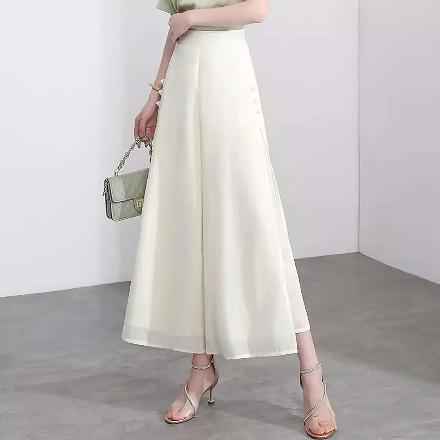 Womens High Waist Wide Leg Trousers Chiffon Palazzo Pants Elastic Waist Culott Dresses Business Pants