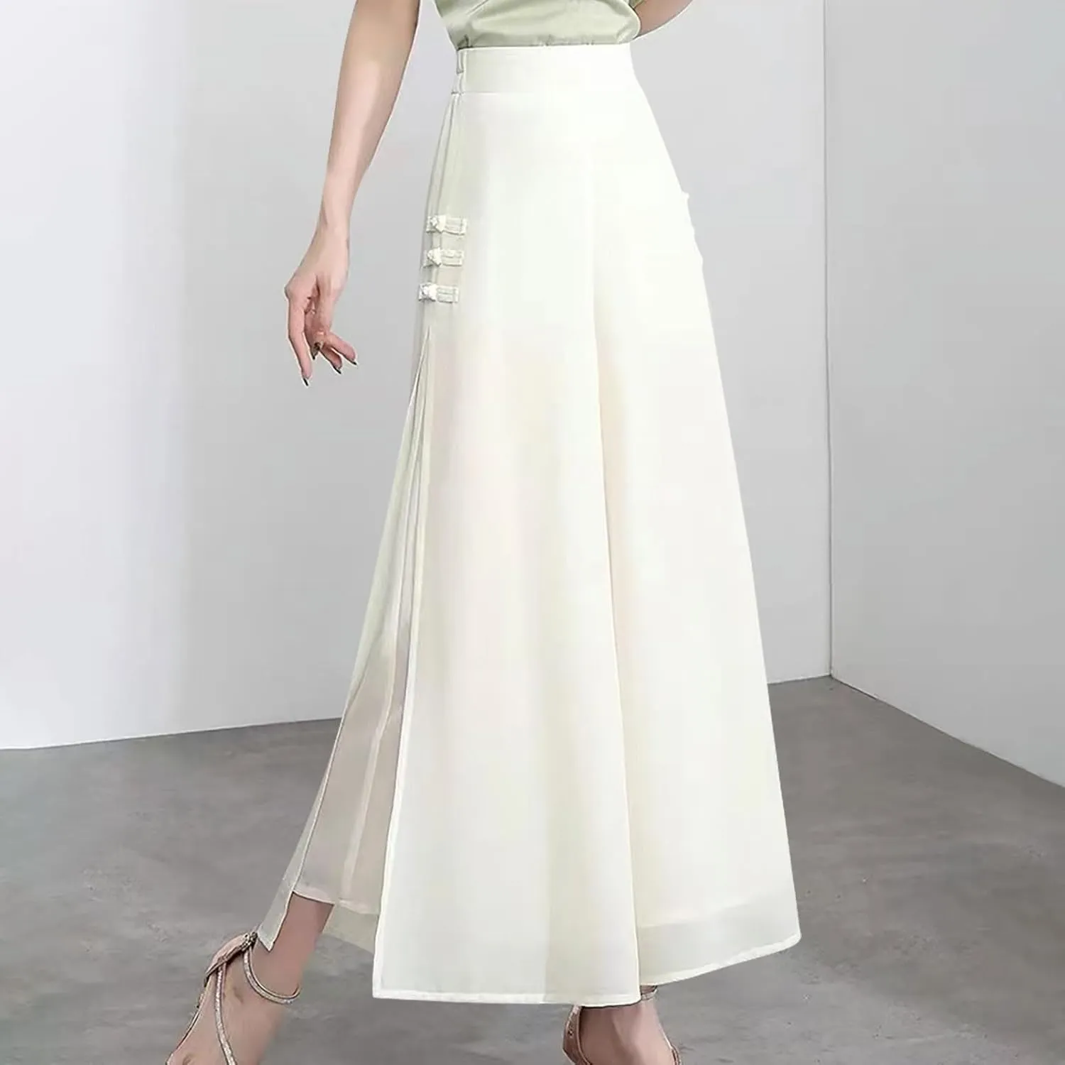 Womens High Waist Wide Leg Trousers Chiffon Palazzo Pants Elastic Waist Culott Dresses Business Pants