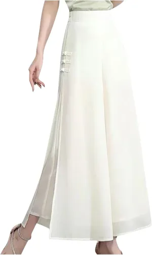 Womens High Waist Wide Leg Trousers Chiffon Palazzo Pants Elastic Waist Culott Dresses Business Pants