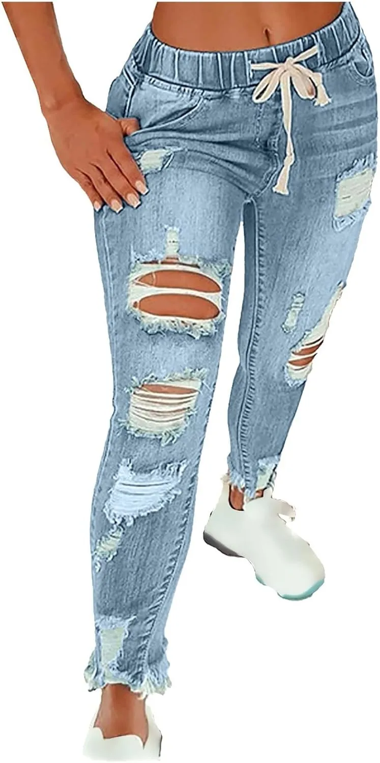 Women's High Waisted Ripped Jeans Slim Fit Skinny Stretch Denims Pants Casual Drawstring Cropped Destroyed Trousers