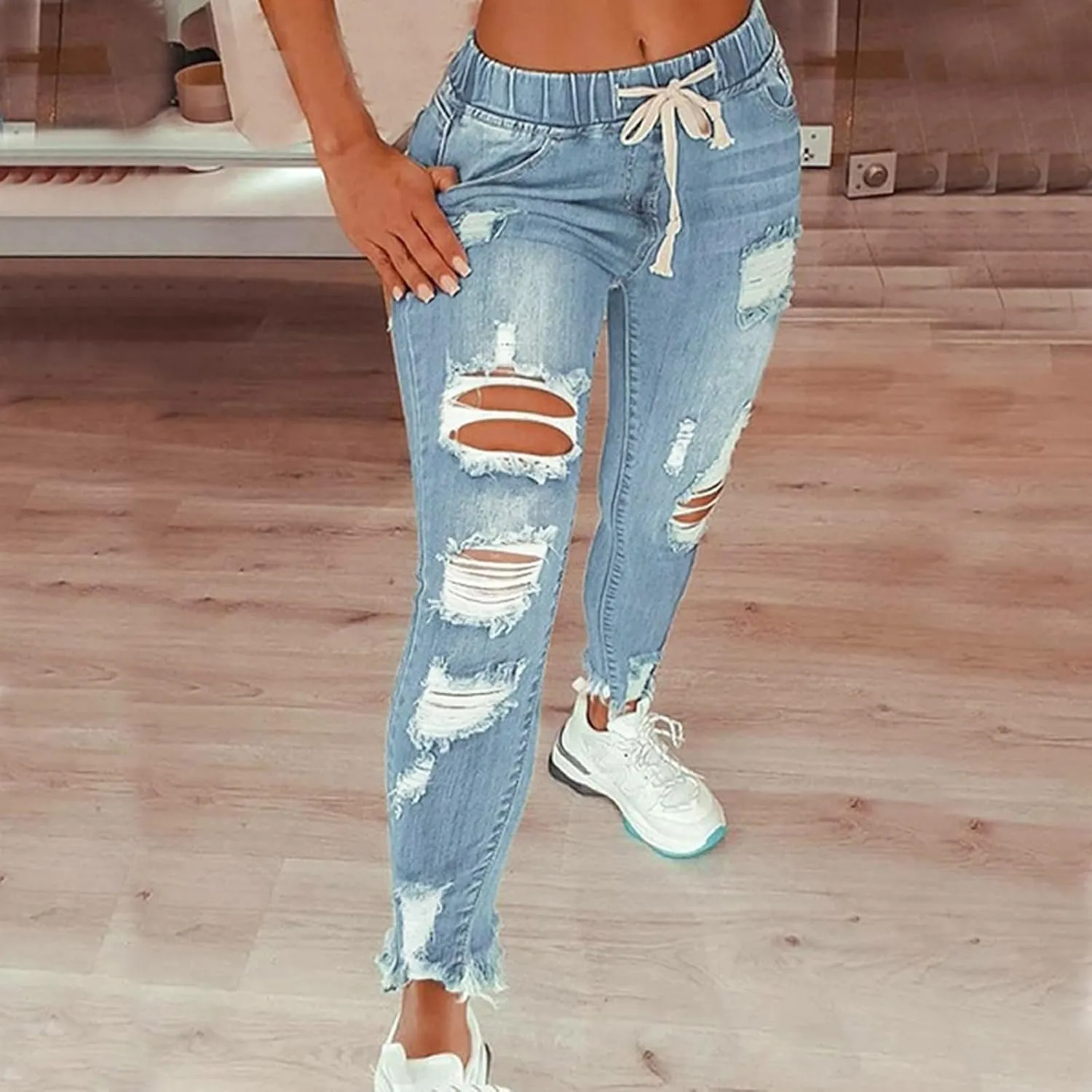 Women's High Waisted Ripped Jeans Slim Fit Skinny Stretch Denims Pants Casual Drawstring Cropped Destroyed Trousers