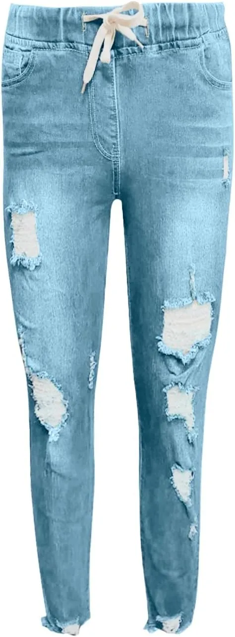 Women's High Waisted Ripped Jeans Slim Fit Skinny Stretch Denims Pants Casual Drawstring Cropped Destroyed Trousers