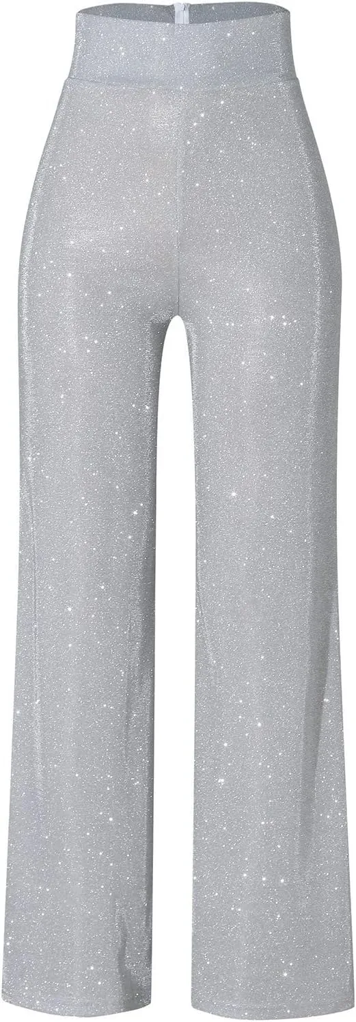 Women's Joggers Pants Ladies Silk High Waist Drape Zip Wide Leg Flared Pants Night Out Casual Slacks Pants Womens