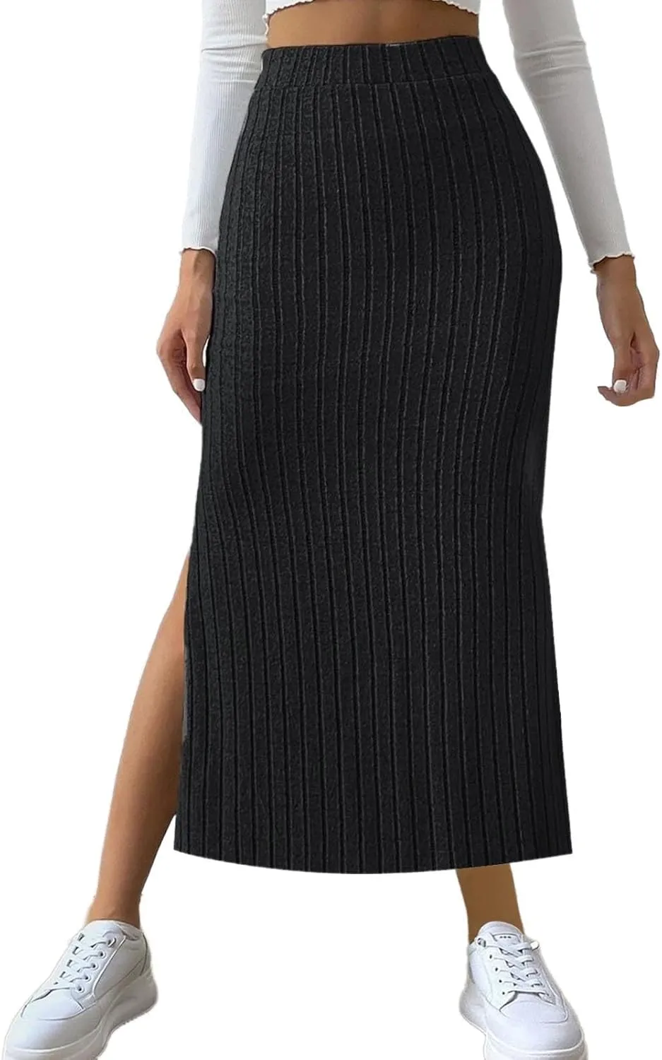 Women's Knitted Skirts Basic Fashion Elastic High Waisted Midi Long Bodycon Pencil Skirt Trendy Casual Spring Outfit
