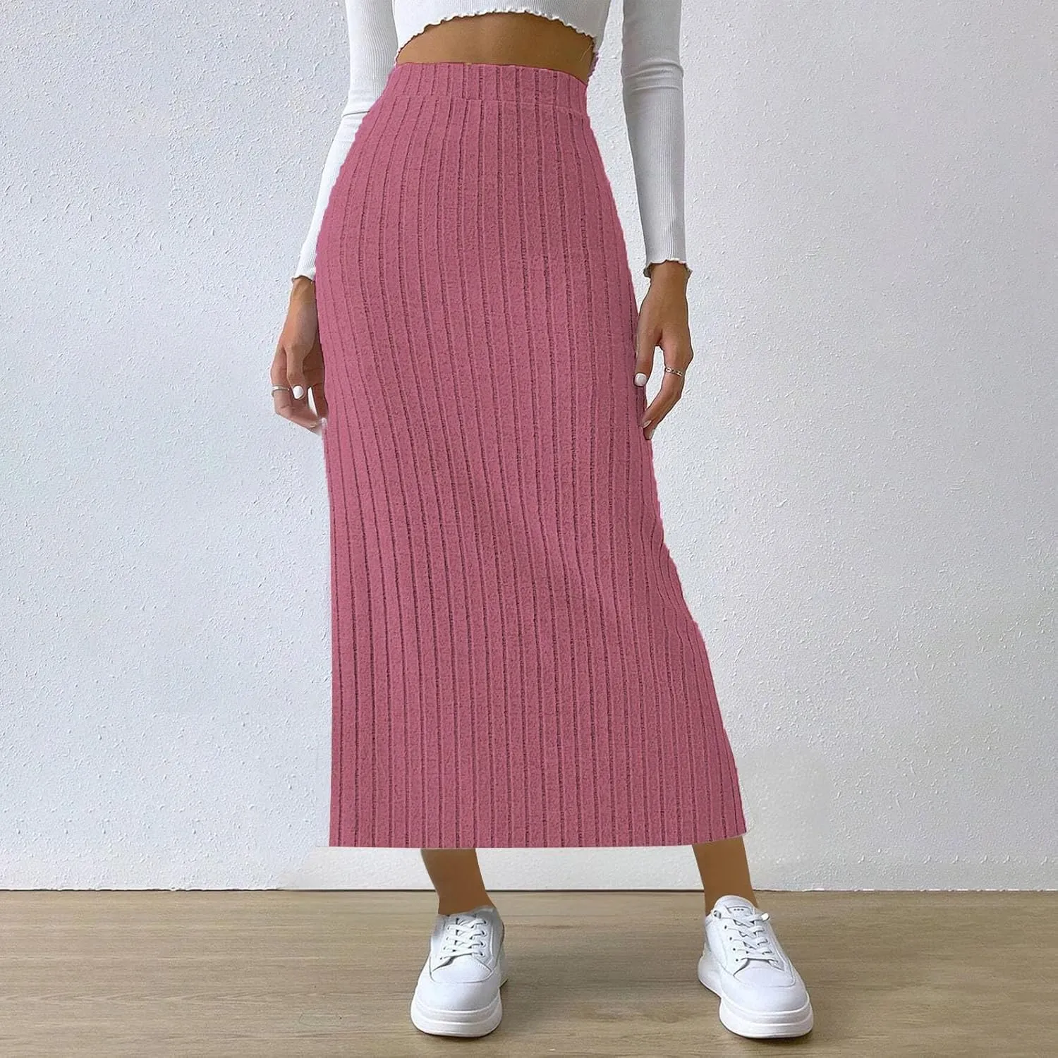Women's Knitted Skirts Basic Fashion Elastic High Waisted Midi Long Bodycon Pencil Skirt Trendy Casual Spring Outfit