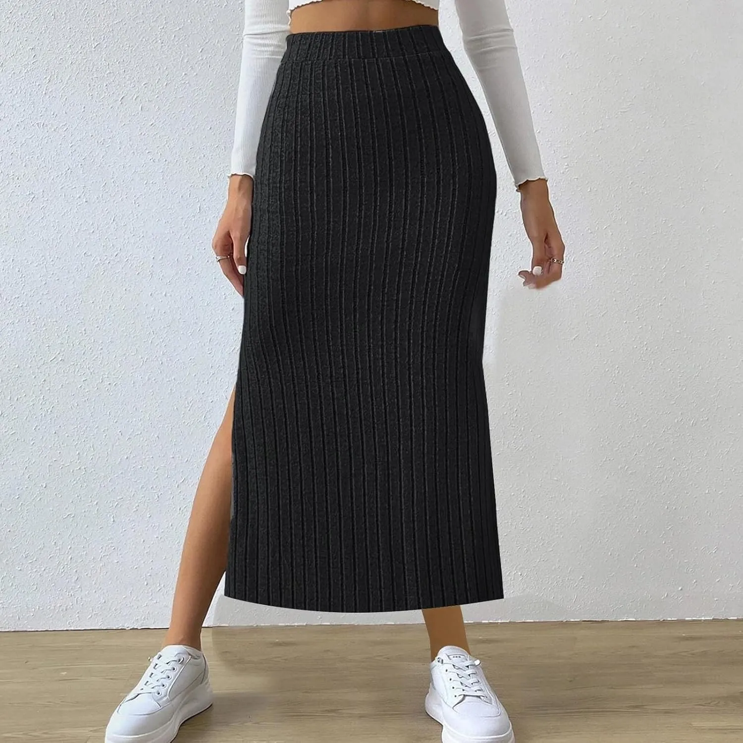 Women's Knitted Skirts Basic Fashion Elastic High Waisted Midi Long Bodycon Pencil Skirt Trendy Casual Spring Outfit