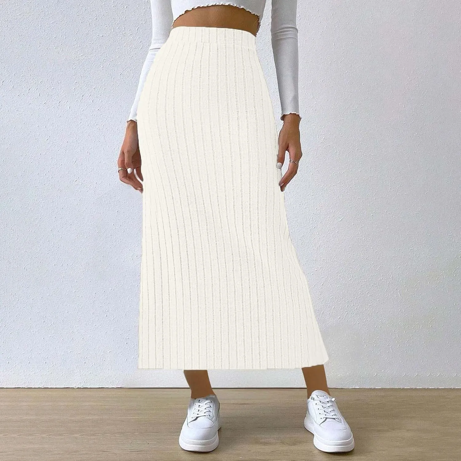 Women's Knitted Skirts Basic Fashion Elastic High Waisted Midi Long Bodycon Pencil Skirt Trendy Casual Spring Outfit