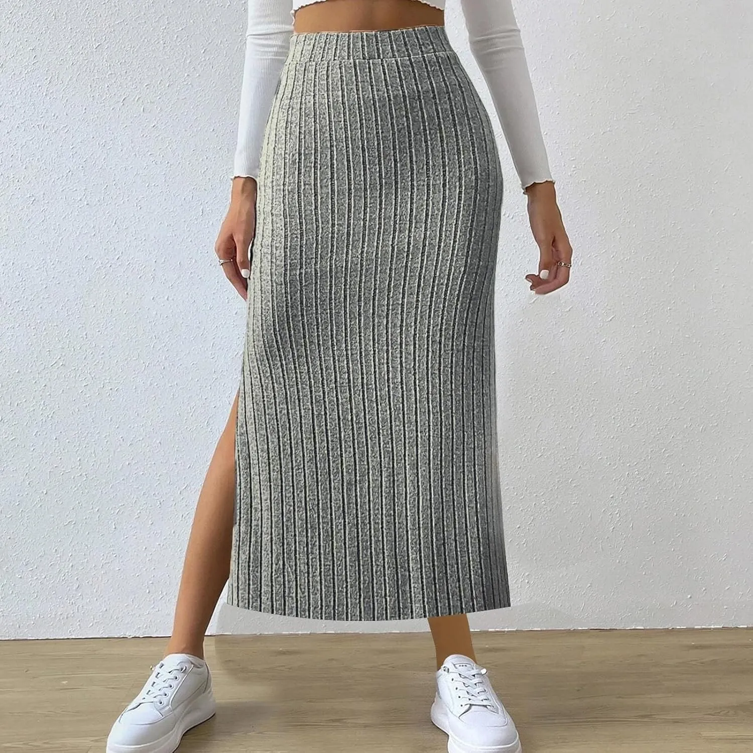 Women's Knitted Skirts Basic Fashion Elastic High Waisted Midi Long Bodycon Pencil Skirt Trendy Casual Spring Outfit