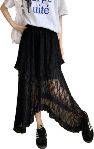 Womens Lace Skirt Goth Lolita Floral High Waisted Asymmetrical Ruched Ruffle Pleated Midi Long Skirt